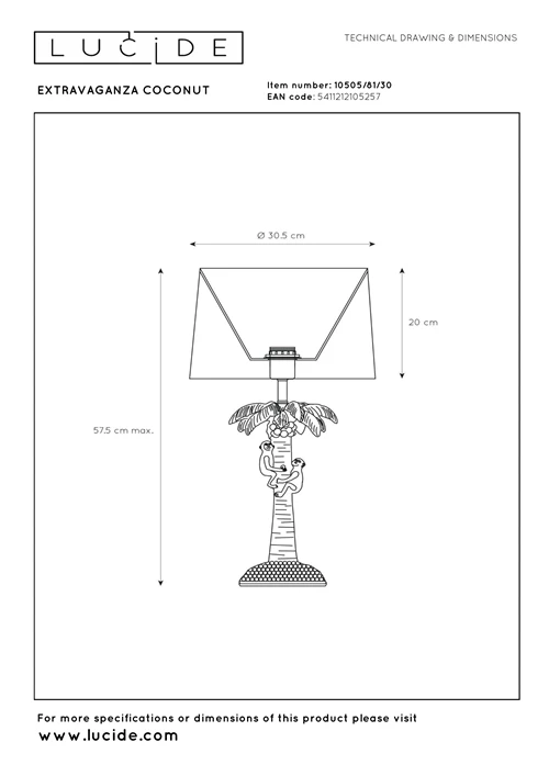 Lucide EXTRAVAGANZA COCONUT - Tafellamp - Ø 30,5 cm - 1xE27 - Zwart - technisch